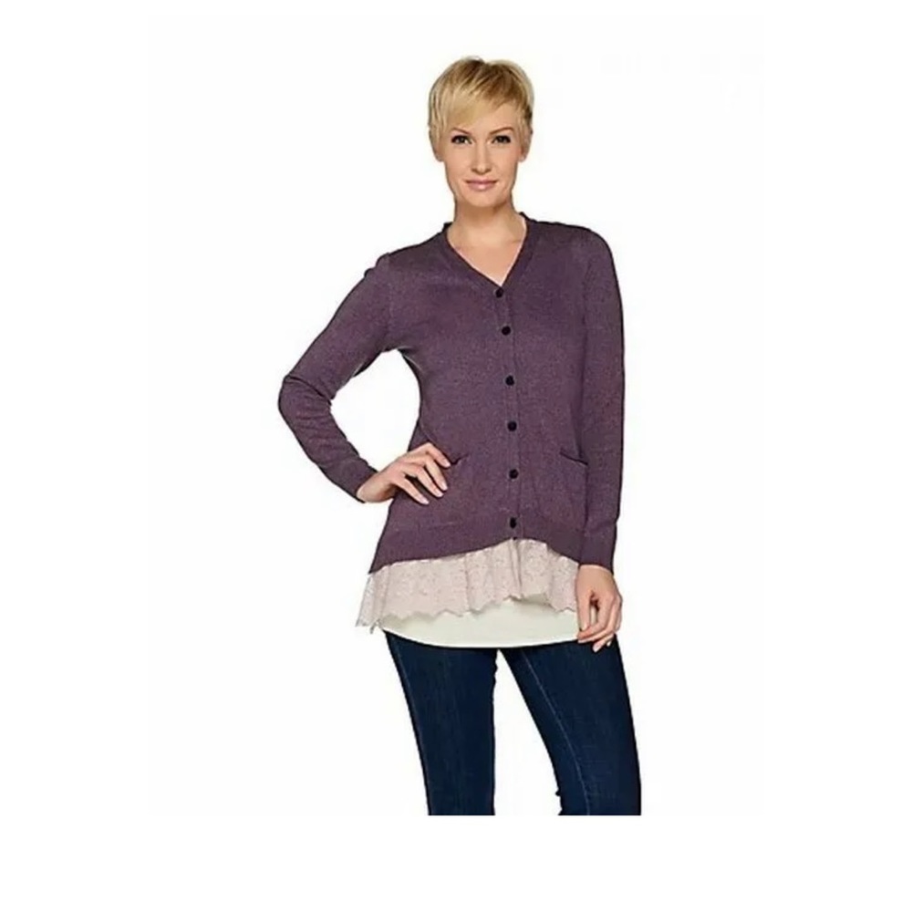 LOGO Lori Goldstein Button Front Lace Trim Hi-Low Knit
Cardigan Sweater - Picture 4 of 11